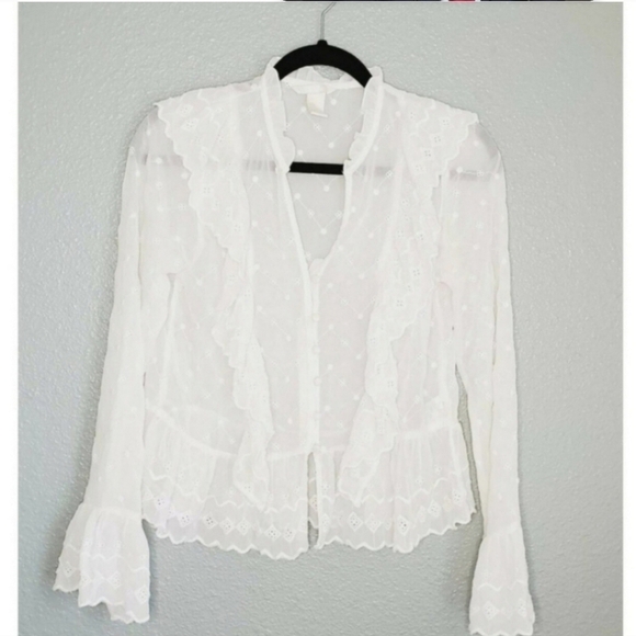 H&M White Women's Eyelet Semi Sheer Flutter Sleeve Button Blouse Size 2 - Picture 1 of 7